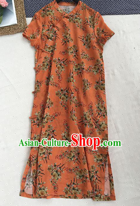 Chinese Traditional Tang Suit Printing Chrysanthemum Orange Ramie Cheongsam National Costume Qipao Dress for Women