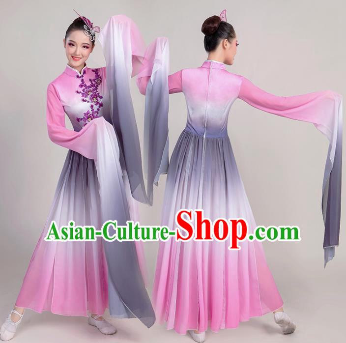 Chinese Traditional Umbrella Dance Pink Water Sleeve Dress Classical Dance Fan Dance Costume for Women