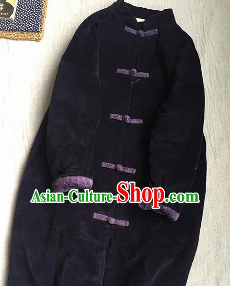 Chinese Traditional Tang Suit Navy Corduroy Cotton Wadded Coat National Outer Garment Costume for Women