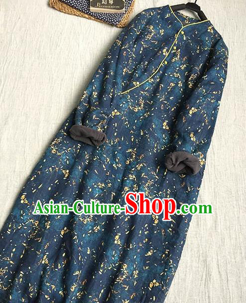 Chinese Traditional Tang Suit Printing Navy Linen Cheongsam National Costume Qipao Dress for Women