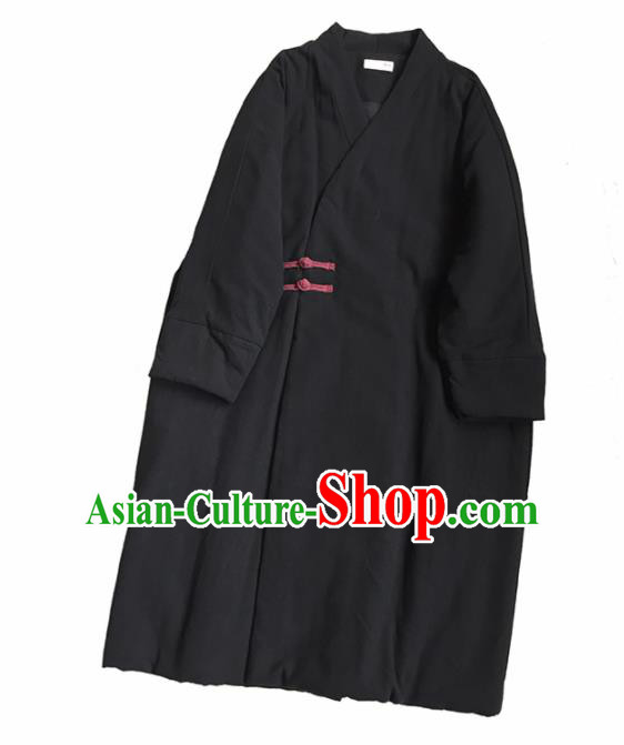 Chinese Traditional Tang Suit Black Cotton Wadded Coat National Outer Garment Costume for Women