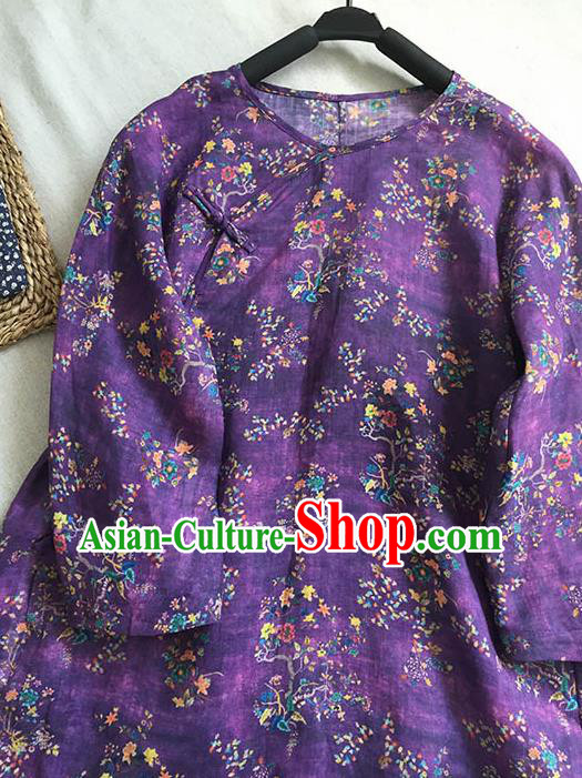 Chinese Traditional Tang Suit Printing Flowers Purple Ramie Blouse National Upper Outer Garment Costume for Women