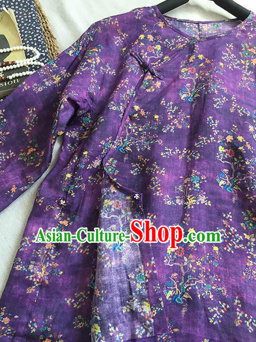 Chinese Traditional Tang Suit Printing Flowers Purple Ramie Blouse National Upper Outer Garment Costume for Women