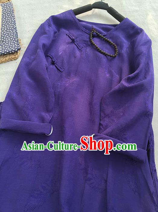 Chinese Traditional Tang Suit Deep Purple Ramie Cheongsam National Costume Qipao Dress for Women