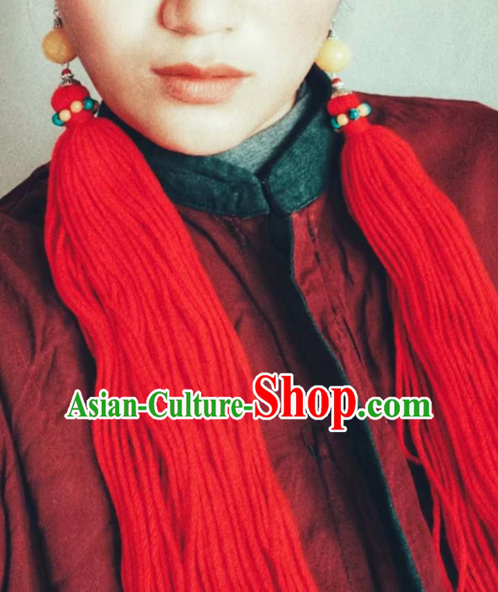 Chinese Traditional Ethnic Ear Accessories Nationality Red Wool Yarn Earrings for Women