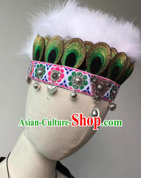 Chinese Traditional Miao Ethnic Feather Hair Accessories Peacock Dance Hair Crown Headwear for Women