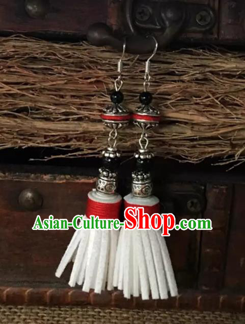 Chinese Traditional Ethnic Ear Accessories Miao Nationality White Tassel Silver Earrings for Women