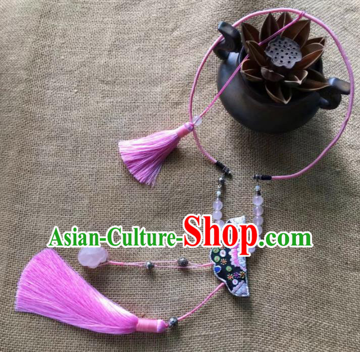 Chinese Traditional Ethnic Embroidered Necklace Accessories Nationality Pink Tassel Necklet for Women