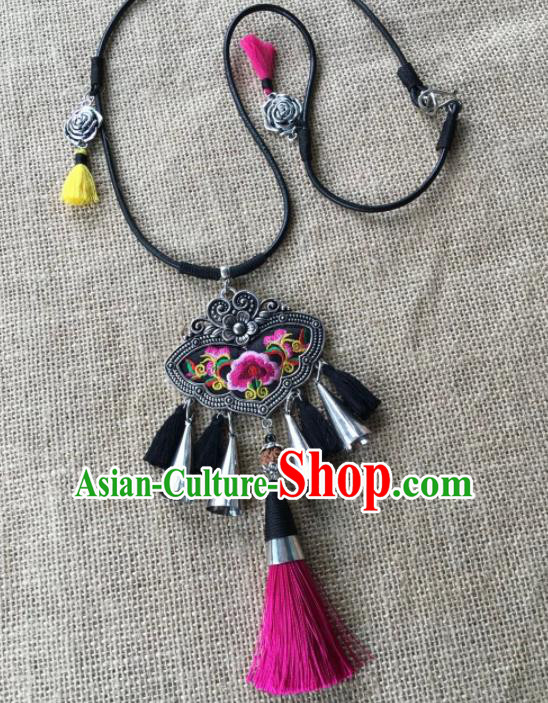 Chinese Traditional Ethnic Black Embroidered Necklace Accessories Nationality Silver Tassel Necklet for Women