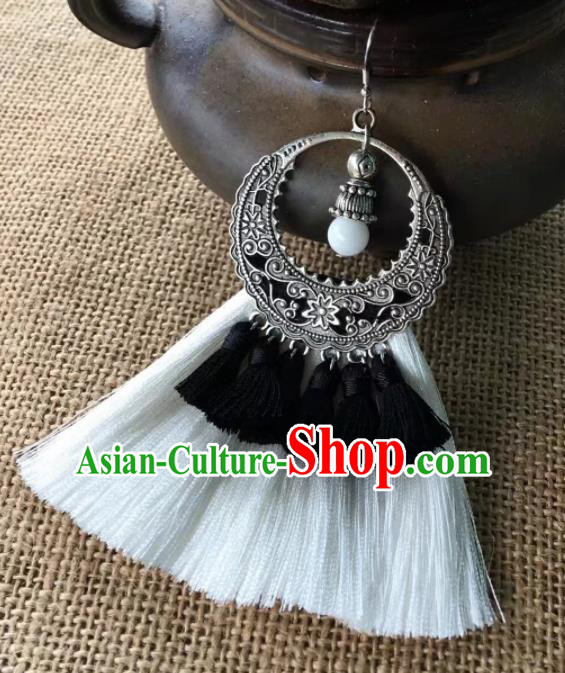Chinese Traditional Ethnic White Tassel Ear Accessories Miao Nationality Silver Earrings for Women