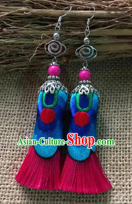 Chinese Traditional Ethnic Blue Embroidered Ear Accessories Miao Nationality Silver Earrings for Women