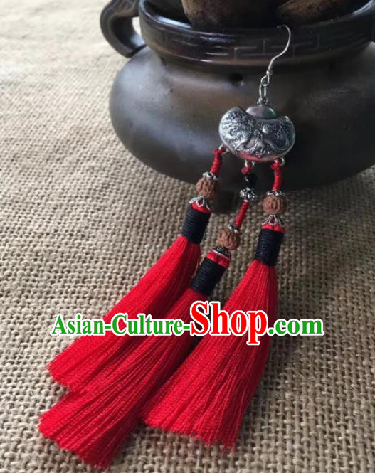 Chinese Traditional Ethnic Red Tassel Ear Accessories Miao Nationality Silver Earrings for Women