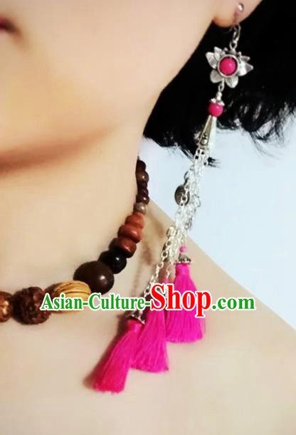 Chinese Traditional Ethnic Pink Tassel Ear Accessories Miao Nationality Silver Lotus Earrings for Women