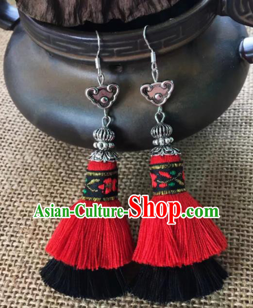 Chinese Traditional Ethnic Red Tassel Ear Accessories Miao Nationality Silver Cloud Earrings for Women