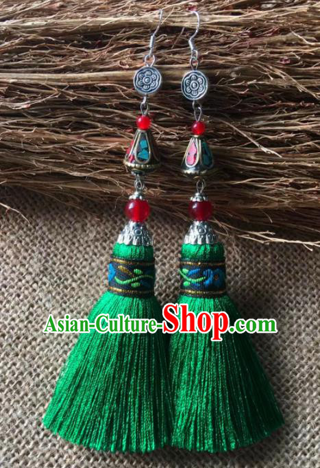 Chinese Traditional Ethnic Ear Accessories Miao Nationality Green Tassel Silver Carving Earrings for Women