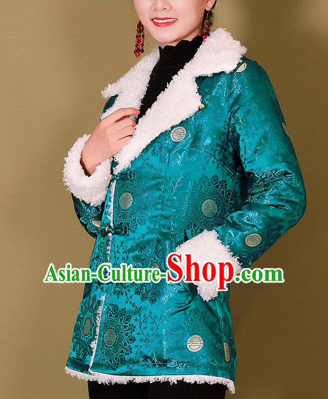 Traditional Chinese Zang Ethnic Blue Cotton Wadded Jacket Tibetan Minority Costume for Women