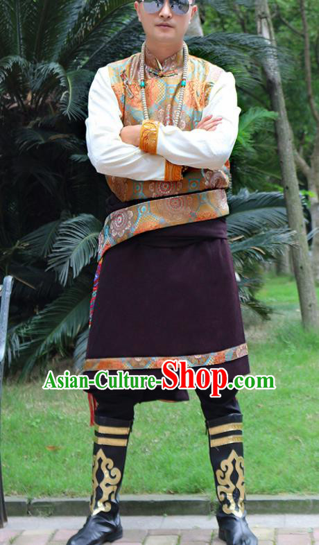 Chinese Traditional Ethnic Wine Red Tibetan Robe Zang Nationality Costume for Men