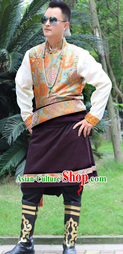 Chinese Traditional Ethnic Wine Red Tibetan Robe Zang Nationality Costume for Men