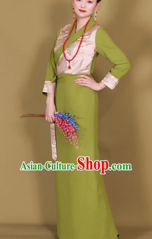 Traditional Chinese Zang Ethnic Kangba Green Dress Tibetan Minority Folk Dance Costume for Women