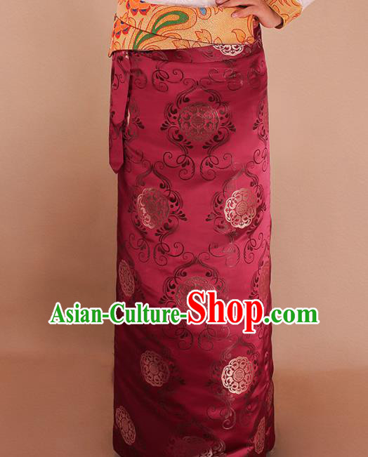 Traditional Chinese Zang Ethnic Wine Red Brocade Skirt Tibetan Minority Folk Dance Costume for Women