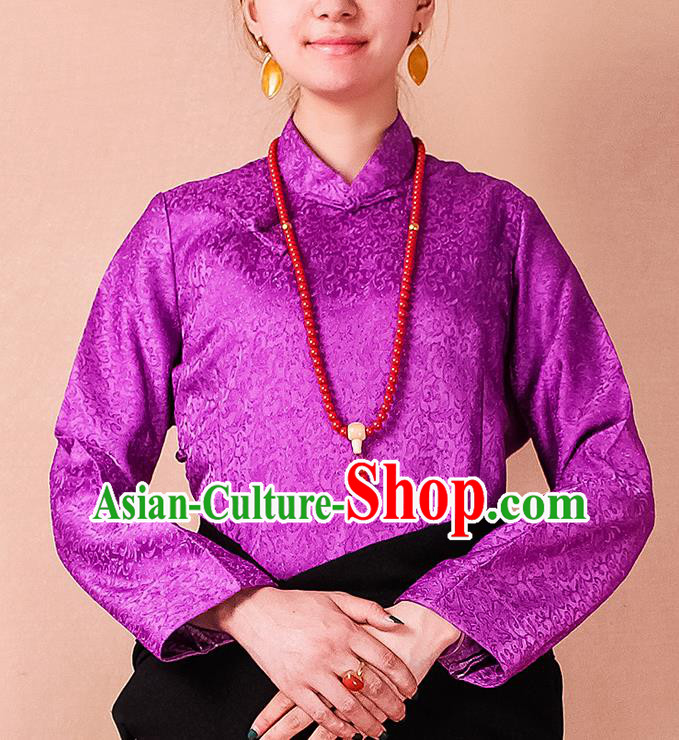 Traditional Chinese Zang Ethnic Purple Blouse Tibetan Minority Folk Dance Shirt Costume for Women