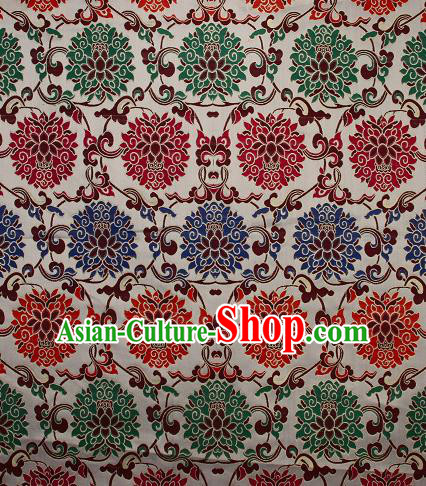 Asian Chinese Traditional Colorful Lotus Pattern White Brocade Tibetan Robe Satin Fabric Silk Material