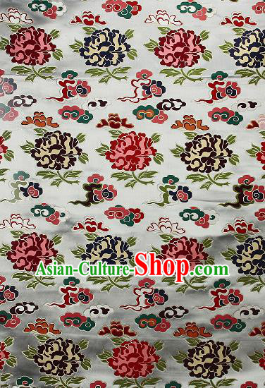 Asian Chinese Traditional Cloud Peony Pattern White Brocade Tibetan Robe Satin Fabric Silk Material