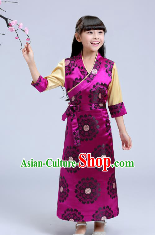 Traditional Chinese Zang Ethnic Girls Rosy Brocade Dress Tibetan Minority Folk Dance Costume for Kids