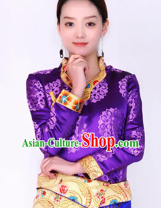Traditional Chinese Zang Ethnic Purple Brocade Blouse Tibetan Minority Folk Dance Shirt Costume for Women