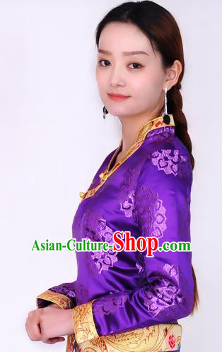 Traditional Chinese Zang Ethnic Purple Brocade Blouse Tibetan Minority Folk Dance Shirt Costume for Women