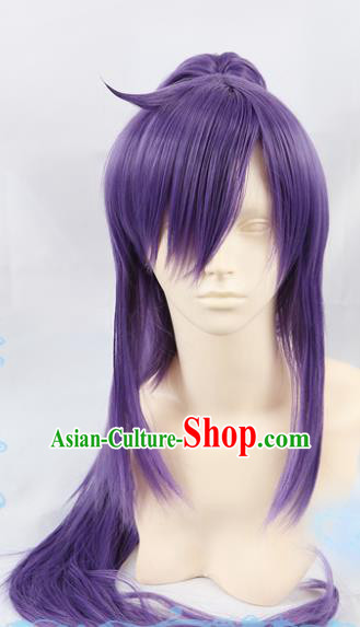 Chinese Traditional Cosplay Young Hero Purple Wigs Ancient Swordsman Wig Sheath Hair Accessories for Men