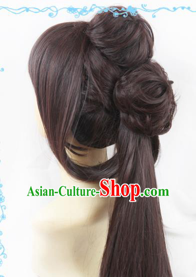 Chinese Traditional Cosplay Fairy Brown Hair Wigs Ancient Female Swordsman Wig Sheath Hair Accessories for Women