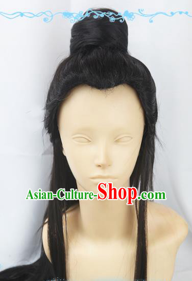 Chinese Traditional Cosplay Young Hero Black Wigs Ancient Swordsman Wig Sheath Hair Accessories for Men