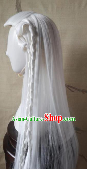 Traditional Chinese Cosplay Hanfu Swordsman White Wigs Ancient Taoist Priest Wig Sheath Hair Accessories for Men