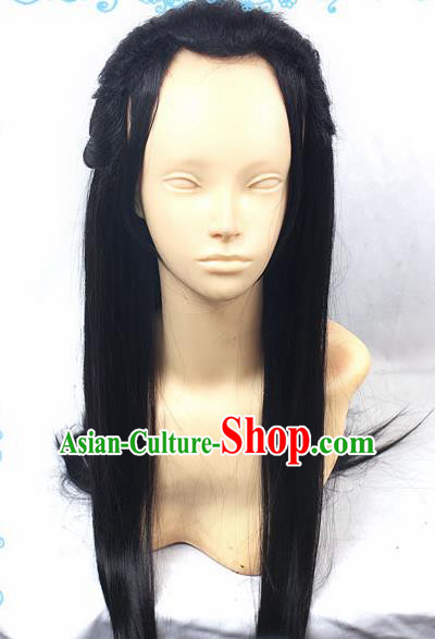 Chinese Traditional Cosplay Young Hero Black Long Wigs Ancient Swordsman Wig Sheath Hair Accessories for Men