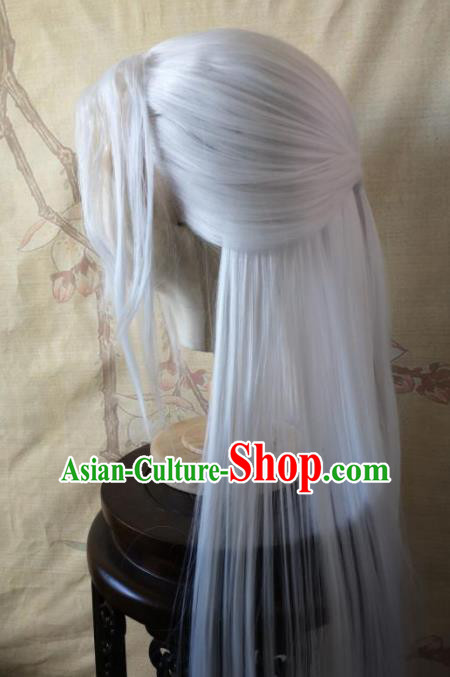 Traditional Chinese Cosplay Game Knight Taoist White Wigs Ancient Swordsman Wig Sheath Hair Accessories for Men