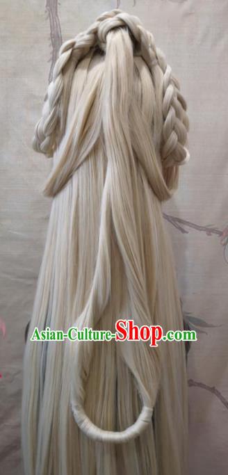Chinese Traditional Cosplay Fairy Golden Wigs Ancient Female Swordsman Wig Sheath Hair Accessories for Women