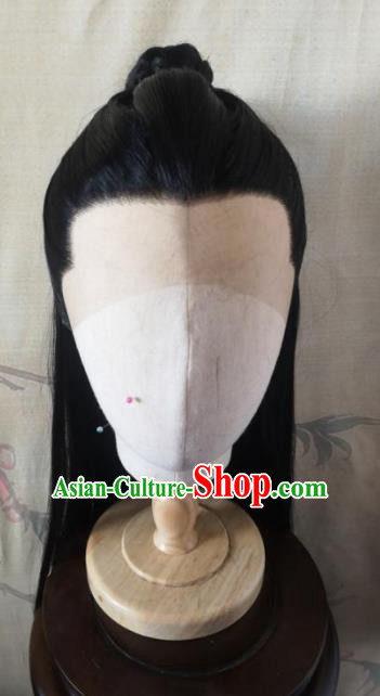 Traditional Chinese Cosplay Nobility Childe Black Wigs Ancient Swordsman Wig Sheath Hair Accessories for Men