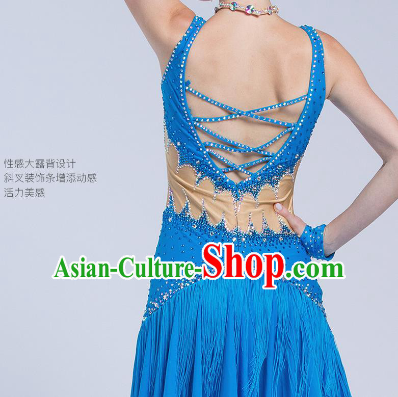 Top Grade Latin Dance Samba Blue Dress Modern Dance International Ballroom Dance Costume for Women