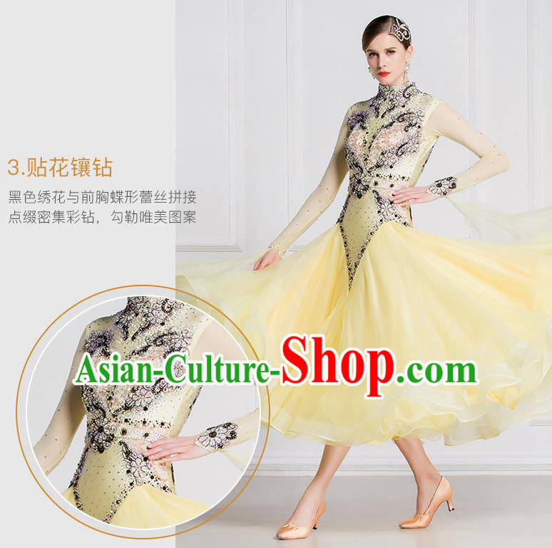 Top Grade International Waltz Dance Light Yellow Dress Ballroom Dance Modern Dance Competition Costume for Women
