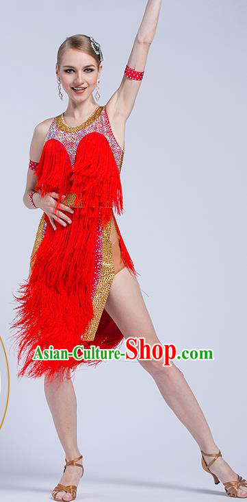 Top Grade Latin Dance Competition Cha Cha Red Tassel Dress Modern Dance International Ballroom Dance Costume for Women
