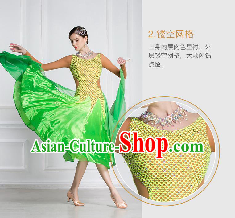 Professional International Waltz Dance Green Dress Ballroom Dance Modern Dance Competition Costume for Women