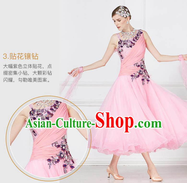 Professional International Waltz Dance Pink Dress Ballroom Dance Modern Dance Competition Costume for Women