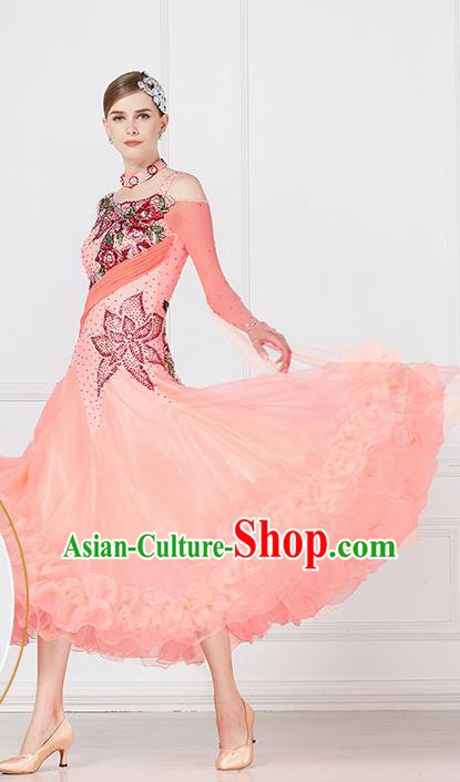 Professional International Waltz Dance Light Pink Dress Ballroom Dance Modern Dance Competition Costume for Women