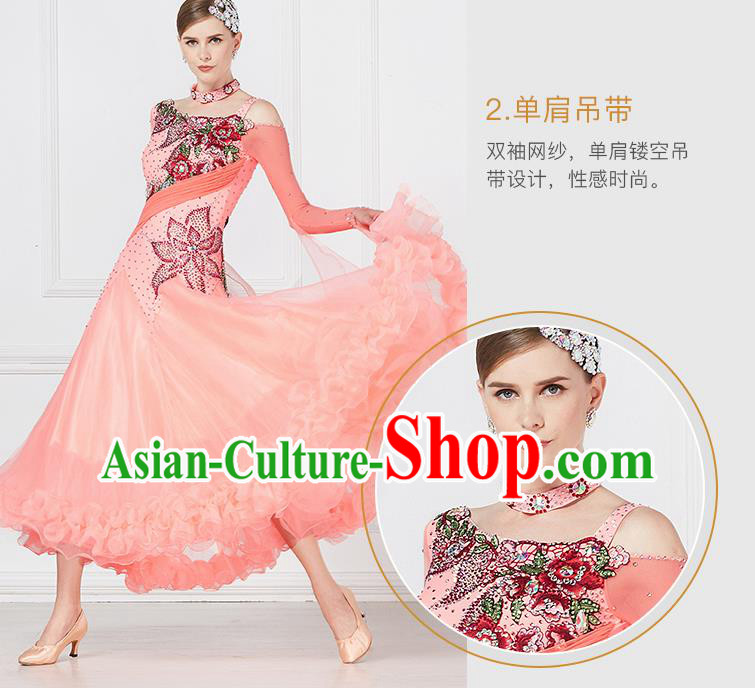 Professional International Waltz Dance Light Pink Dress Ballroom Dance Modern Dance Competition Costume for Women