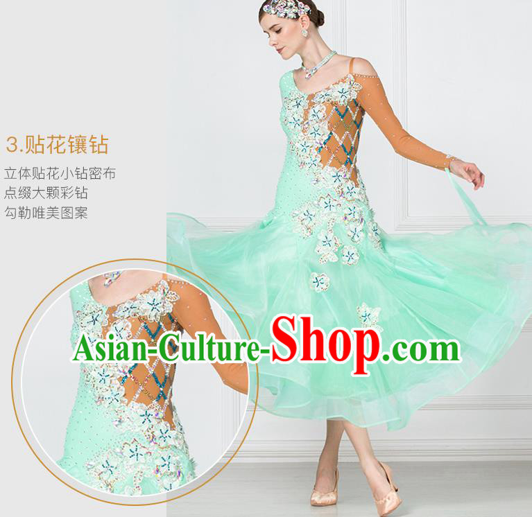 Professional Modern Dance Waltz Light Green Dress International Ballroom Dance Competition Costume for Women