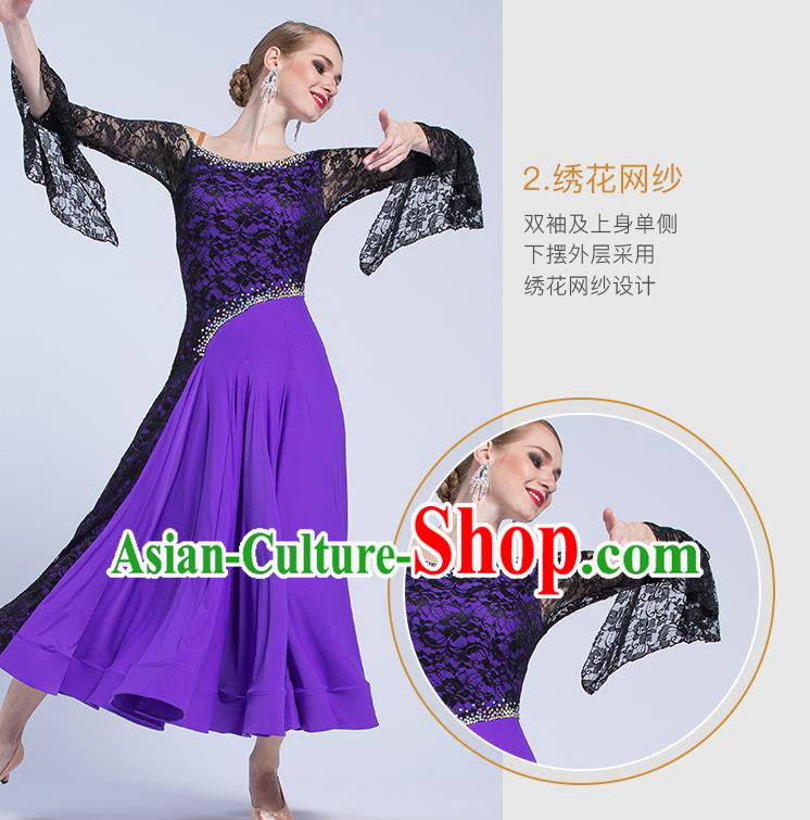 Professional Waltz Tango Competition Lace Purple Dress Modern Dance International Ballroom Dance Costume for Women
