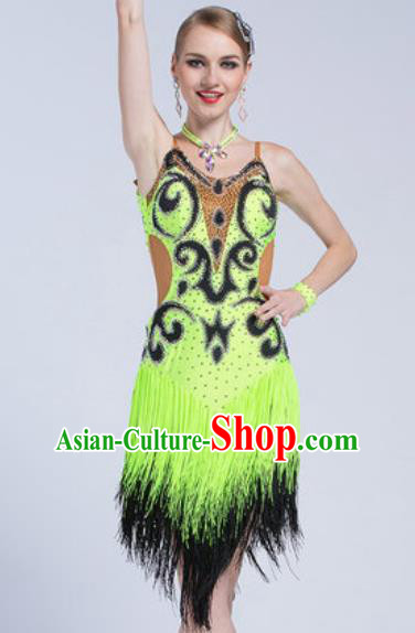 Top Latin Dance Competition Green Tassel Dress Modern Dance International Rumba Dance Costume for Women