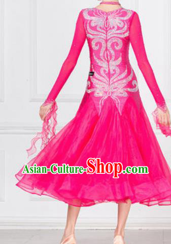 Professional Modern Dance Waltz Rosy Veil Dress International Ballroom Dance Competition Costume for Women