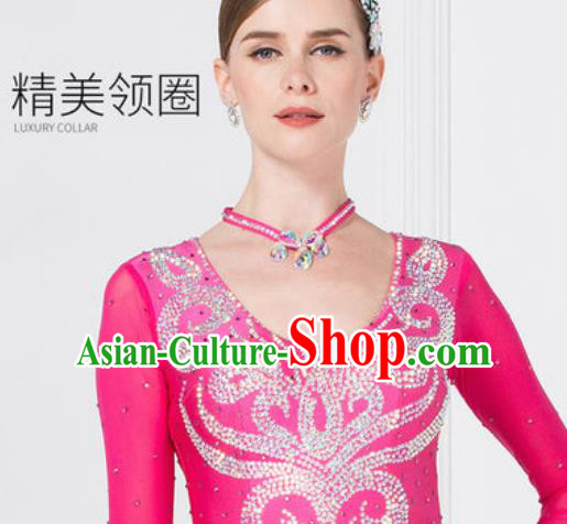 Professional Modern Dance Waltz Rosy Veil Dress International Ballroom Dance Competition Costume for Women